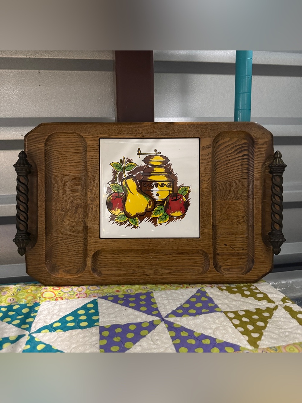 Vintage Brown Wood Serving Tray Mini Charcuterie Board with Fruit Tile Accent